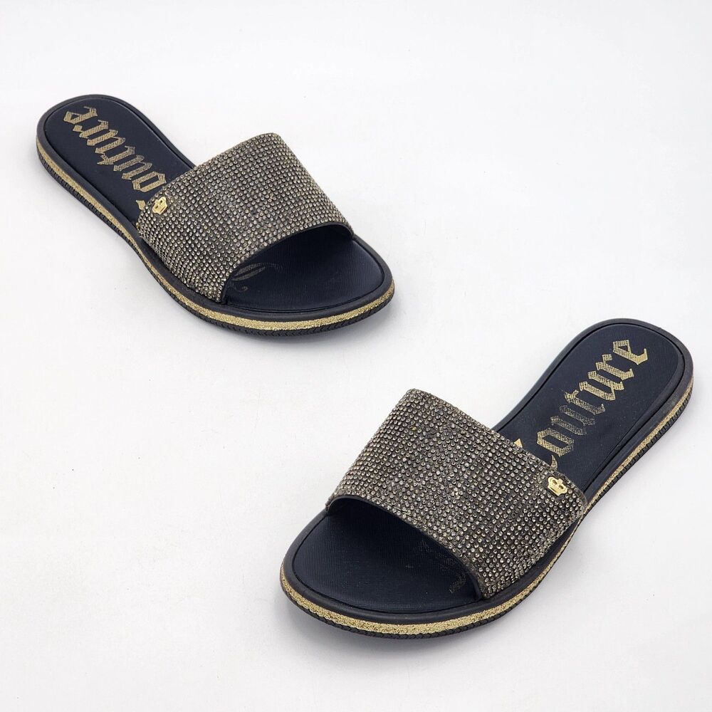 Juicy Couture Yippy Rhinestone Slide Slipper Sandals Gold Black Size 8 Y2K